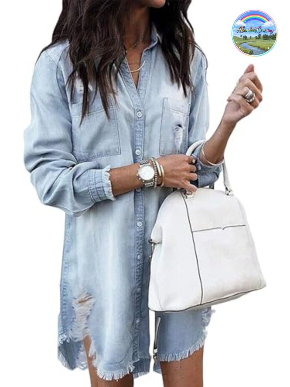 Denim Dress Long Sleeve Button Down Jean Shirt for Women